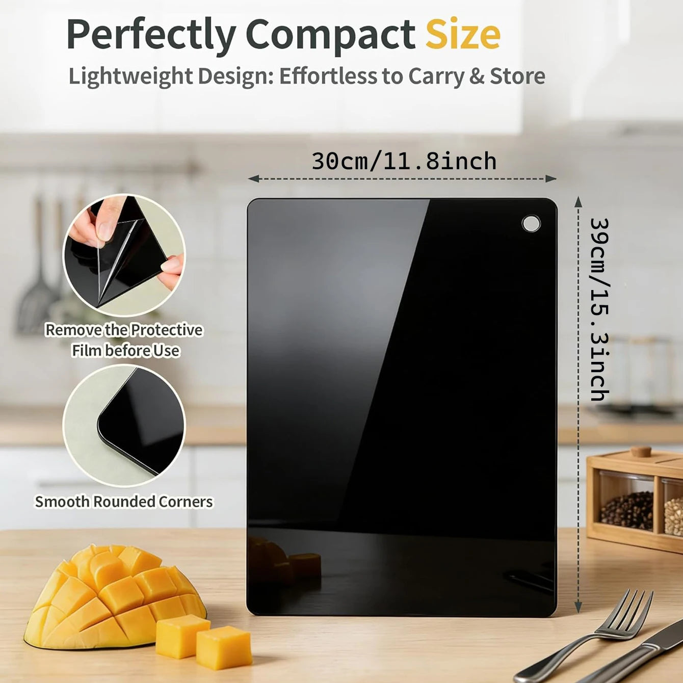 Kitchen cutting board, 15.3 * 11.8 inch transparent black cutting board with hanging holes, non slip cutting board for cooking,