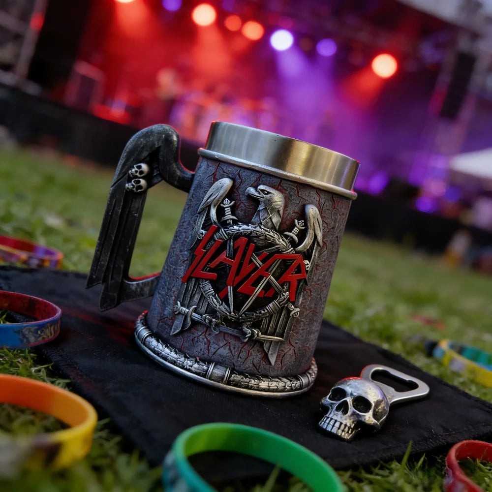 Slayer Tankard Eagle Emblem Mug Resin Outer Stainless Steel Liner Gothic Skull Handle Thrash Metal Band Fan Collectible Gift
