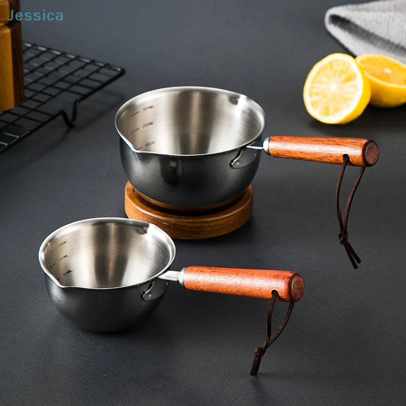 ♥Stainless Steel Oil Sprinkling Small Pot With Wooden Handle Hot Oil Pot Milk Pan Kitchen Multifunction Saucepan