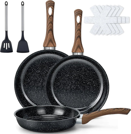 Nonstick Frying Pan Set - 9 Pieces, 3 Sizes (8"/10"/12"), PFOA Free, Induction & Oven Safe, Easy Clean for Home Cooking