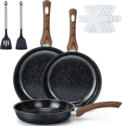 Nonstick Frying Pan Set - 9 Pieces, 3 Sizes (8"/10"/12"), PFOA Free, Induction & Oven Safe, Easy Clean for Home Cooking
