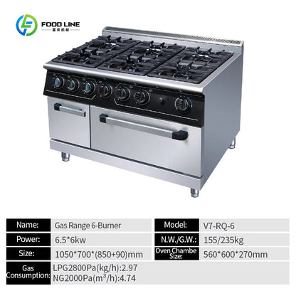 Luxury Six-head Gas Commercial Vertical Pot Stove with Electric Oven, High-power Gas Stove for Hotels and Restaurants Customized