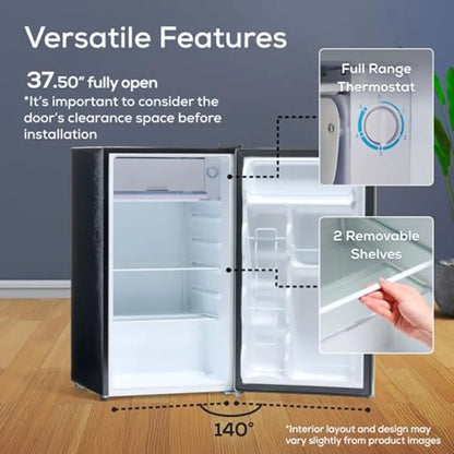 Mini fridge for homes, dorms offices: 3.2 cu.ft with freezer, stainless steel, silver, temperature control, glass shelves, comp