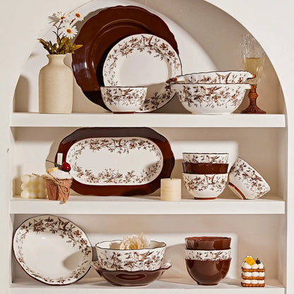 Retro Rose Household Anti-Slip full travel dish set is very luxurious luxury bowl kitchen dinner sets ceramic plates porcelain