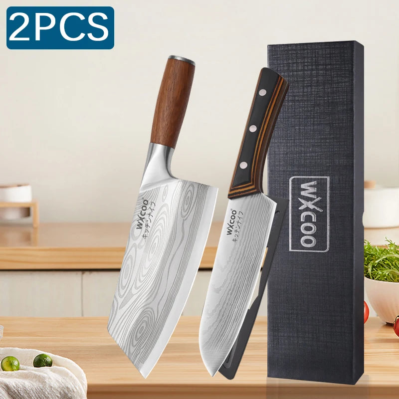 WXCOO Stainless Steel Japanese Knife 7Inch Kitchen Knife Ergonomic Wood Handle Santoku Knives for Cooking Kitchen Accessories