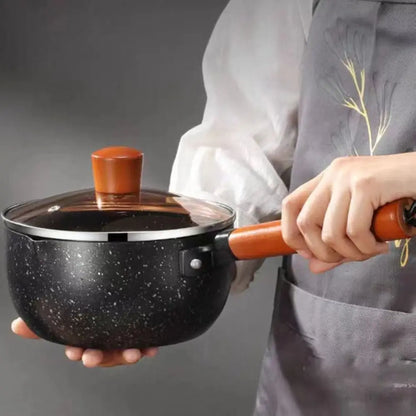 Non-Stick Milk Pot Wood Handle Universal Soup Pot Japanese Style with Lid and Pour Spout Cooking Saucepan Baby Food