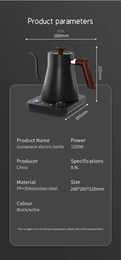 110V/220V Gooseneck Electric Kettle Smart Temperature Control Pot 1200W Rapid Heating Kettle 304 Stainless Steel Liner Pot 900ml