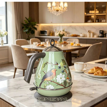 1.7L Light Luxury Decal Electric Kettle Green Vintage Floral Bird Kettle Mechanical Thermometer Boil Dry Protection