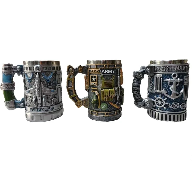 1pcs Army Military Beer Mug Resin Stainless Steel Men Birthday Gift Coffee Navy Cup Air Force Anchor Plane Wine Mugs Wine New