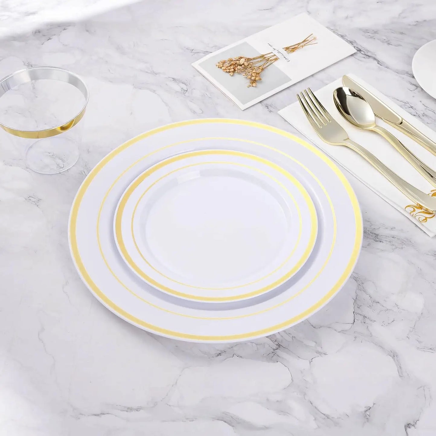 200PCS Gold Disposable Party Plates Set, 100 Dinner & 100 Dessert Plates for Wedding Birthday Events