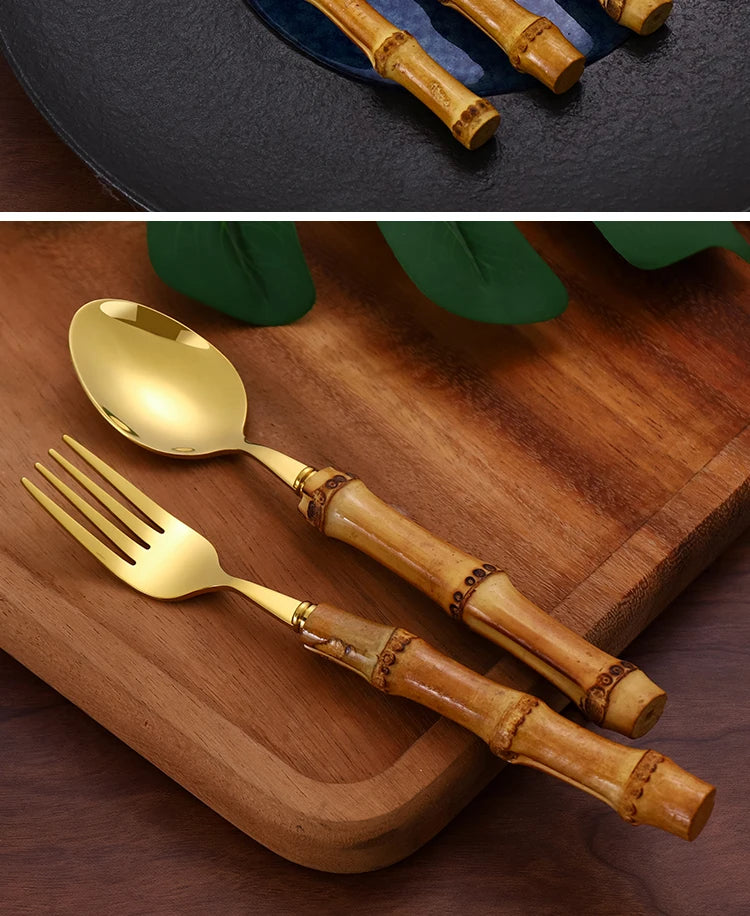 24Pcs Dinnerware Sets Original Nature Bamboo Handle Cutlery Stainless Steel Knife Fork Spoon Purely Natural Bamboo Tableware Set