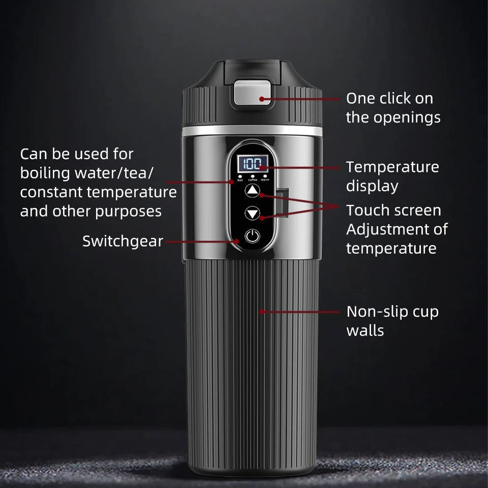 Yanace Smart Car Kettle 12V/24V Portable Electric Heating Cup with Digital Display Camping Office 500ml Capacity Black Design