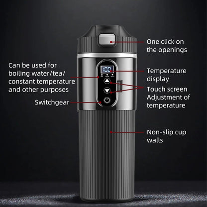 Yanace Smart Car Kettle 12V/24V Portable Electric Heating Cup with Digital Display Camping Office 500ml Capacity Black Design