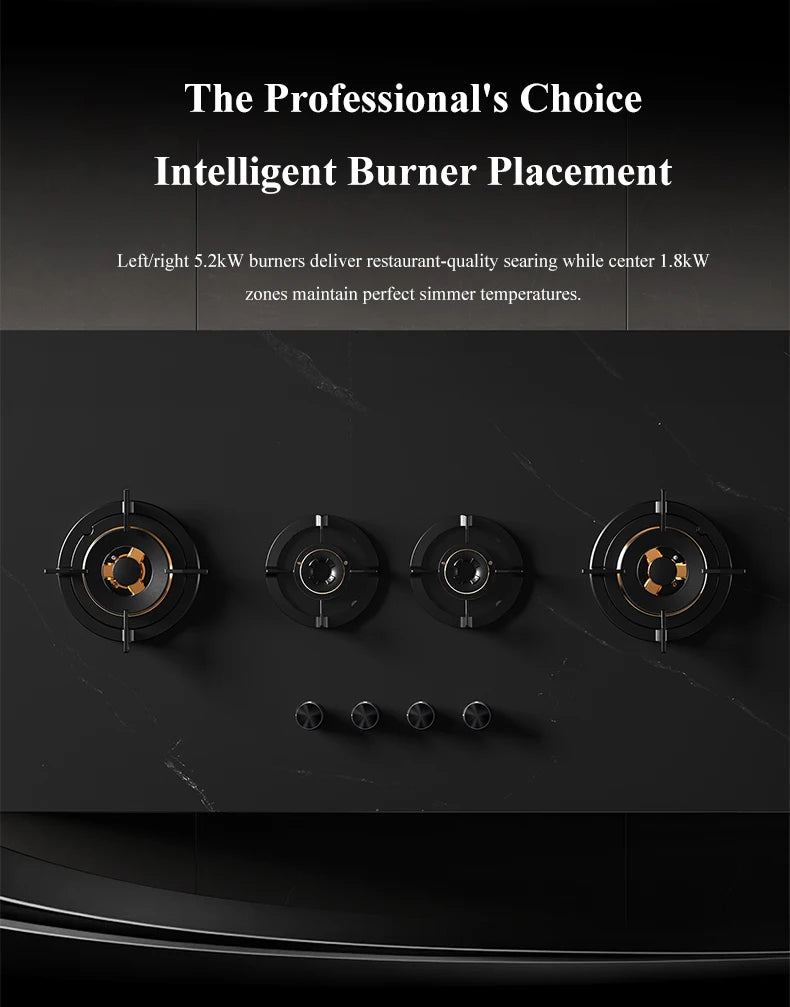 Premium Built-in NG Gas Cooktop 4-Burner 5.2KW Copper Flame Failure Protection Panel-Ready for Custom Kitchen