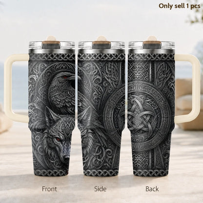 Norse Wolf Raven Celtic Prints Vacuum Flasks 40oz 3rd Gen Vacuum Insulated Stainless Steel Tumbler Cup With Handle Straw Lid