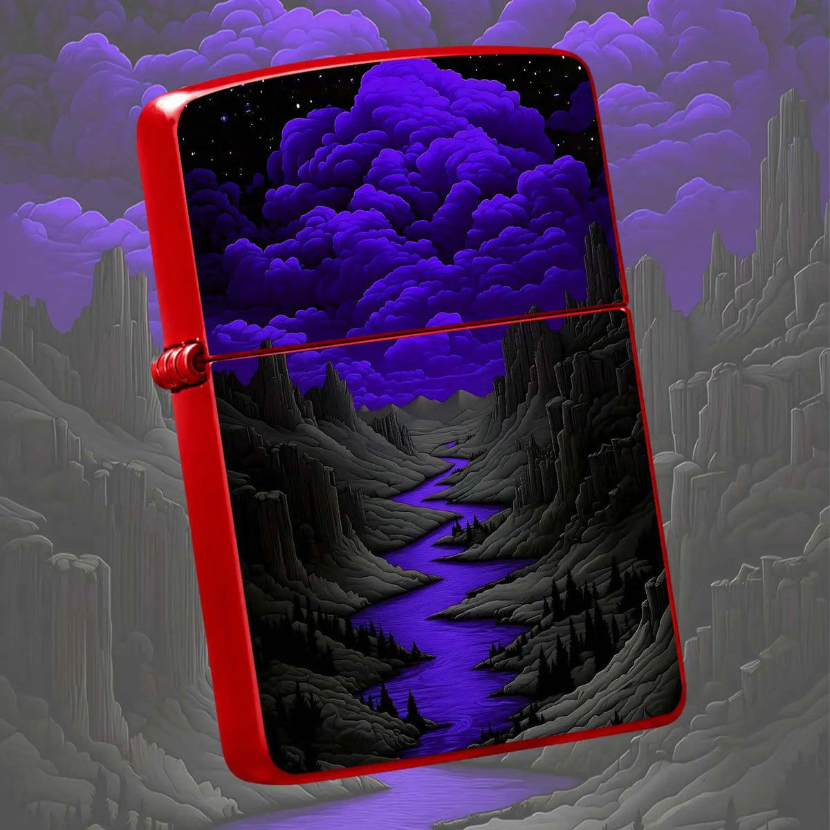 Mysterious Purple Nightriver Landscape Lighter, Starry Cloud Valley Scenic Portable Igniter, Stylish Decor For Outdoor Camping Daily Commute, Unique Exquisite Gift For Scenery Lovers, Artistic Aesthetic Collectible Acce A Hum