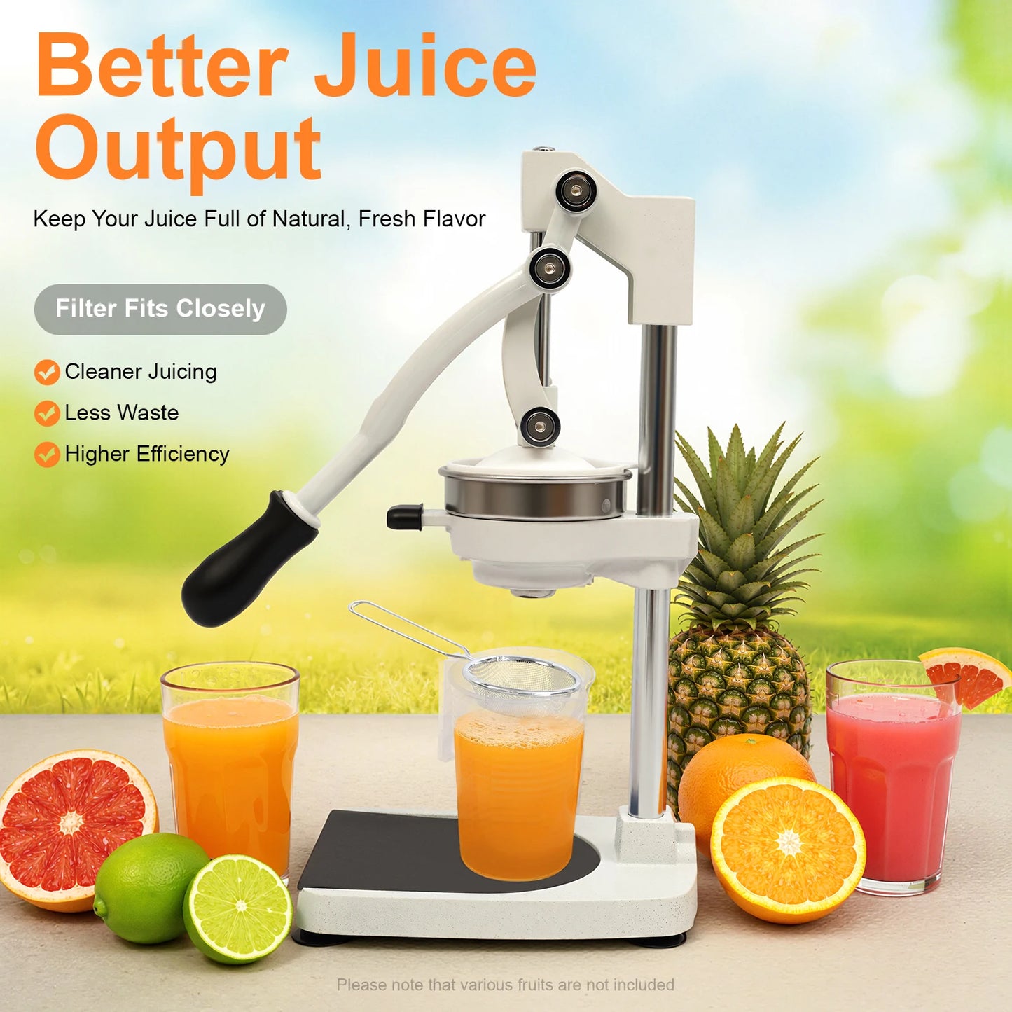 Manual Juicer – 304 Stainless Steel + Aluminum Alloy – Dual Press Heads (Pointed & Flat) – Rotating Gravity Rod – 500ml Measuring Cup – 40mm Base – Suction Cups – for Orange Lemon Pomegranate