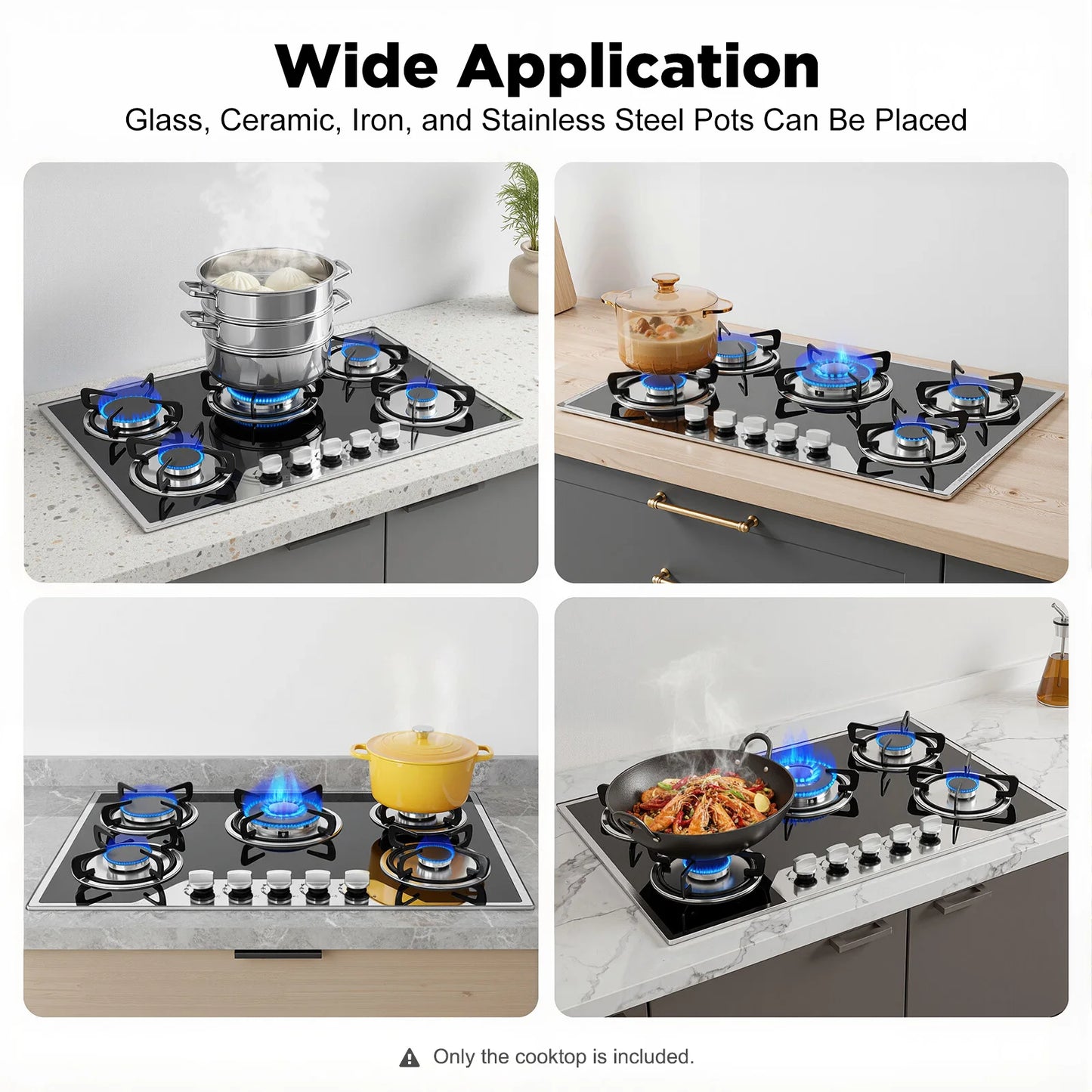 Five Burner Built In Gas Cooktop Dual Gas Compatible High Temperature Resistant Panel Reliable Pulse Ignition Stable Combustion Multiple Firepower Options Practical Knob Operation Sturdy Structure Ideal For Home Kitchen Cooki