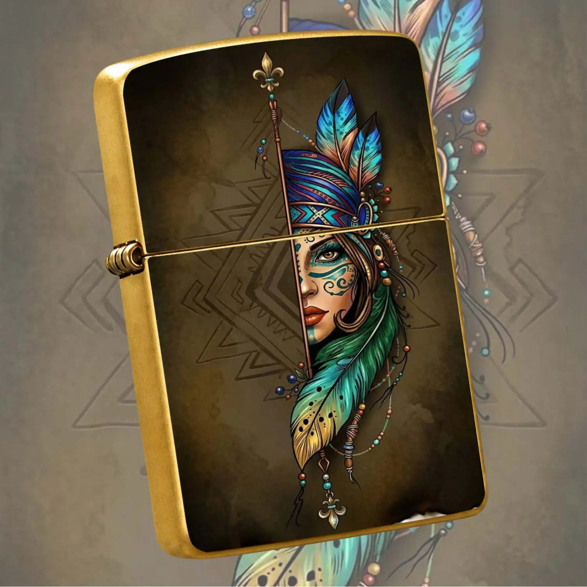 Creative Lighter with Tribal Totem Feather Half-Faced Lady Pattern Retro Art Style Decorative Igniter Portable Stylish Accessory Daily Carry Practical Item Unique Exquisite Gift for Friends Family Suitable  A Humorous and Int