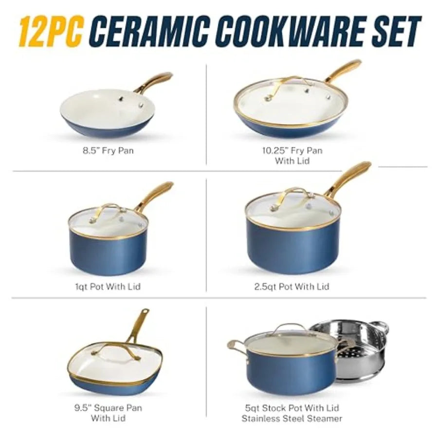 Ceramic Cookware Nonstick, Ceramic Pots and Pans Set Non Stick with Steamer for Cooking, Non Toxic PFOA PFOS Free, Premium Stay