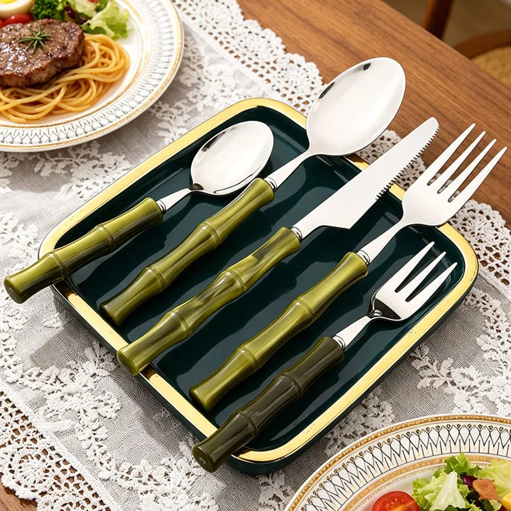 5Pcs/Set Imitation Bamboo Handle Cutlery Set Knife Cake Fork Spoon Dinnerware Stainless Steel Flatware Kitchen Tableware Set