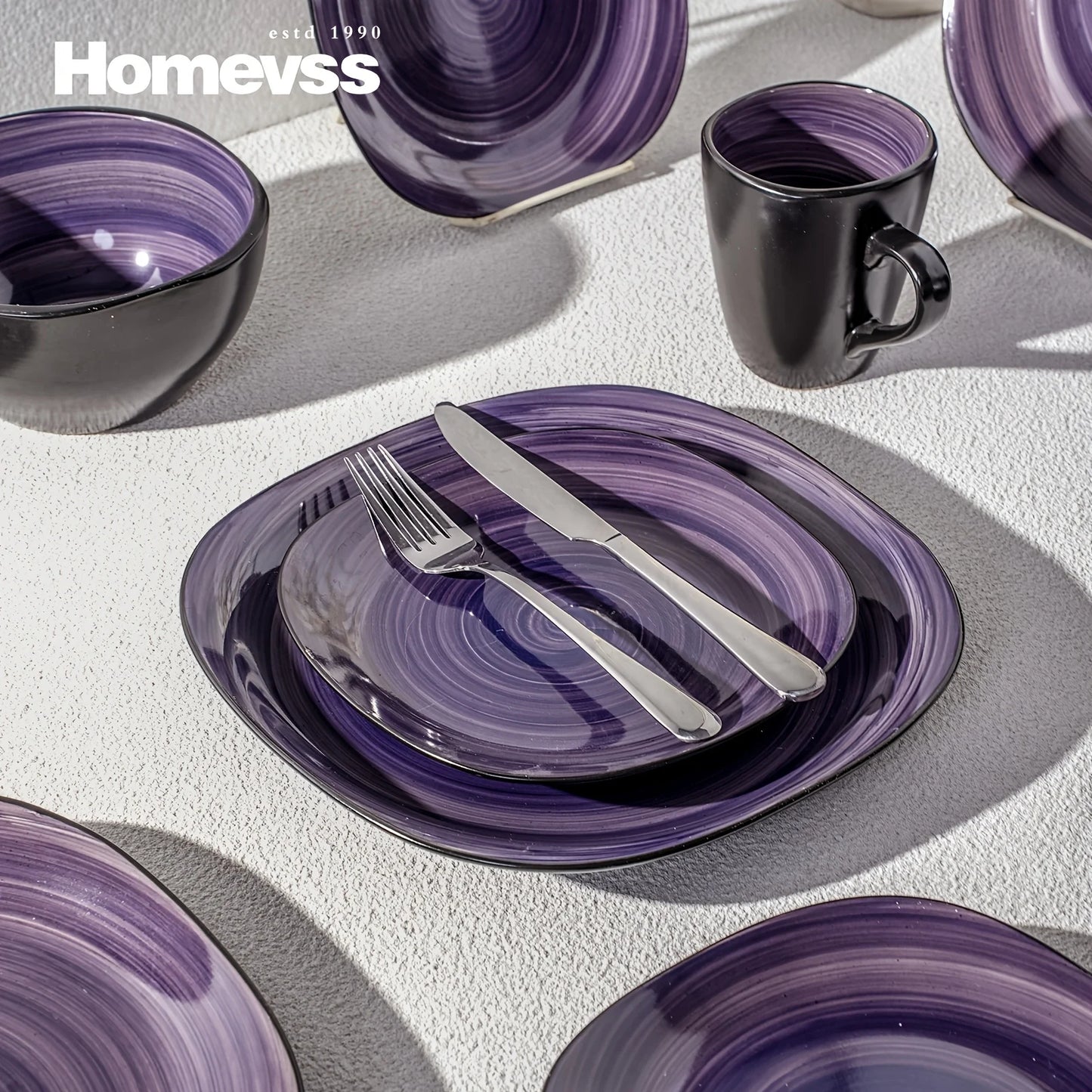 16pcs Square Tableware Set - Artfully Hand-Brushed, Colorful And Black-Trimmed Square Plates And Bowls Set, 4-Person Tableware S