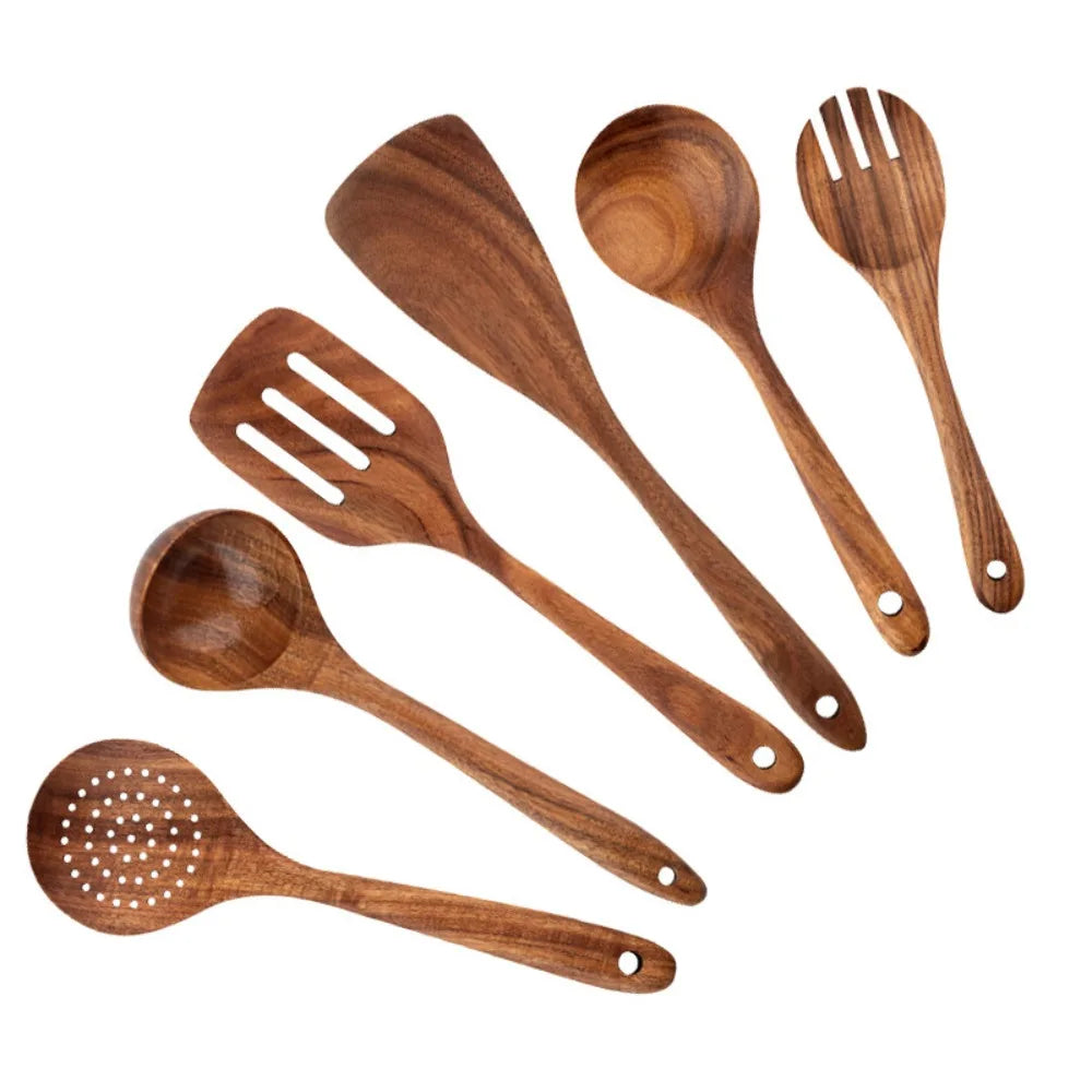 4-8pcs Wooden Cooking Spoon with Storage Bucket Durable Kitchen Utensils Set Natural Material Unbreakable Kitchen Shovel Set