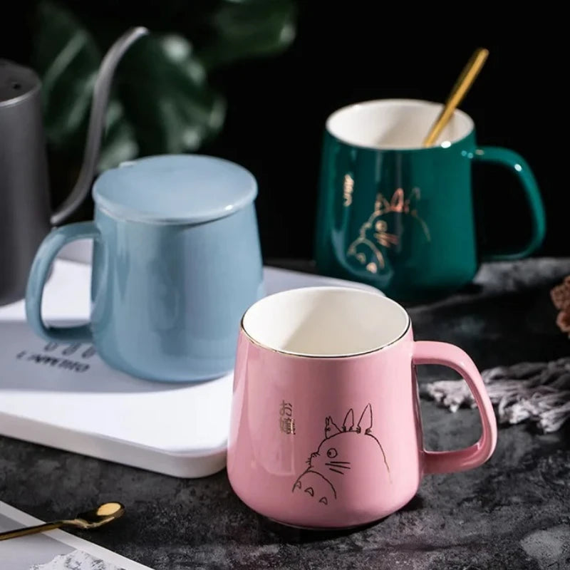 400ml New Product European Style Light Luxury Gold-painted Ceramic Coffee Mug with Lid Spoon Water Cup Cartoon Mug