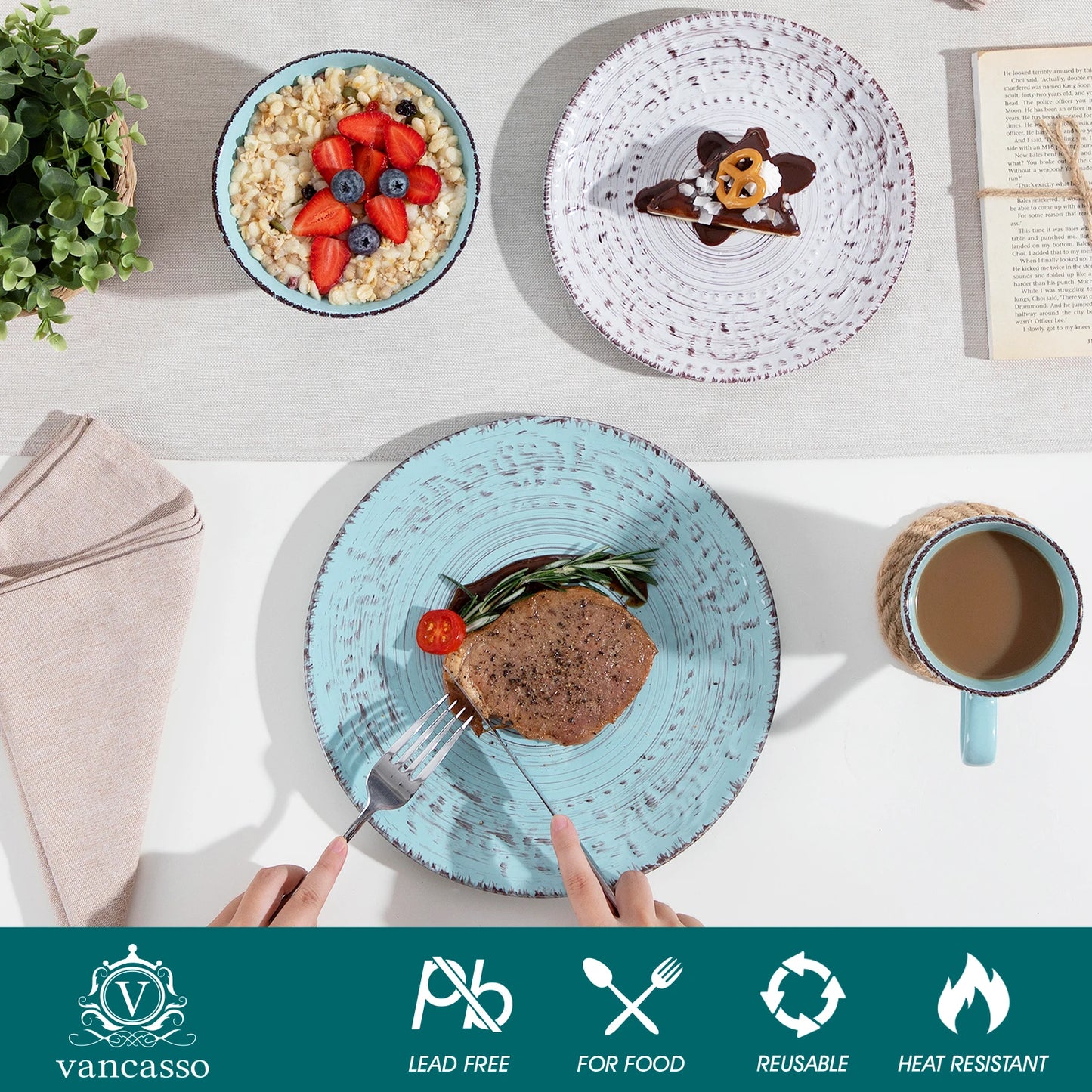 vancasso 16/32 Ceremic Plates Dinner Set Stoneware Tableware Set with 4PCS Dinner Plate/Dessert Plate/Bowl/Mug for 4 Person