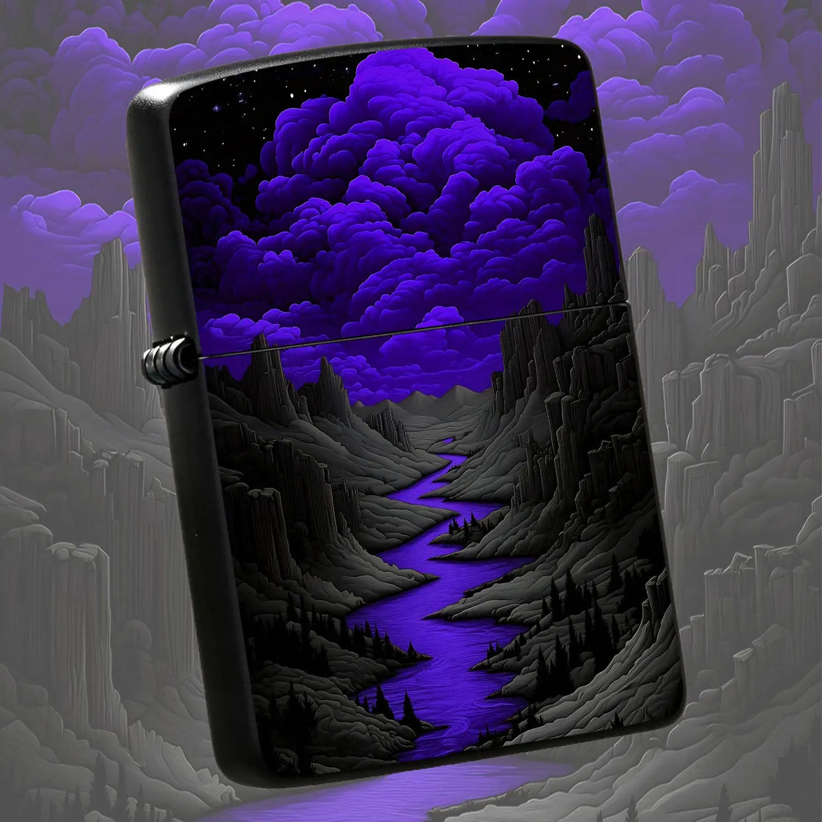 Mysterious Purple Nightriver Landscape Lighter, Starry Cloud Valley Scenic Portable Igniter, Stylish Decor For Outdoor Camping Daily Commute, Unique Exquisite Gift For Scenery Lovers, Artistic Aesthetic Collectible Acce A Hum