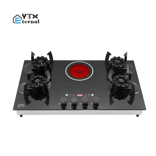 4 Gas 1 Electric Ceramic Hob, Multi-Functional Glass Cooktop, Reversible Burners, Gas Stove for Outdoor RV and Indoor Use