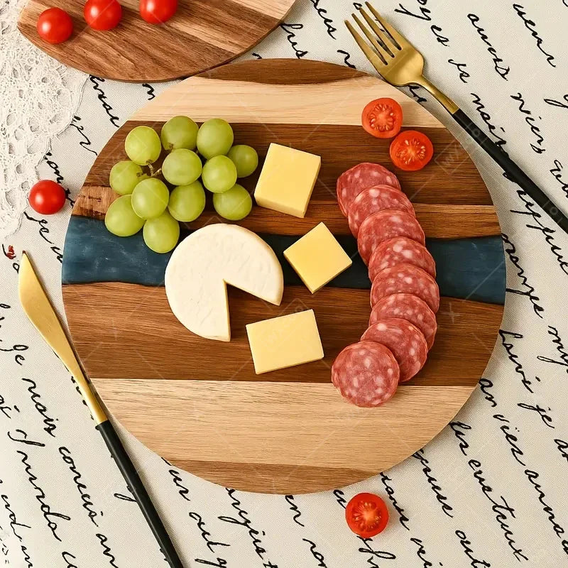 WXCOO Round Acacia Wood Resin Chopping Board Kitchen Cutting Board for Steak Snacks Fruit Board Food-Safe Cutting Board Thicken