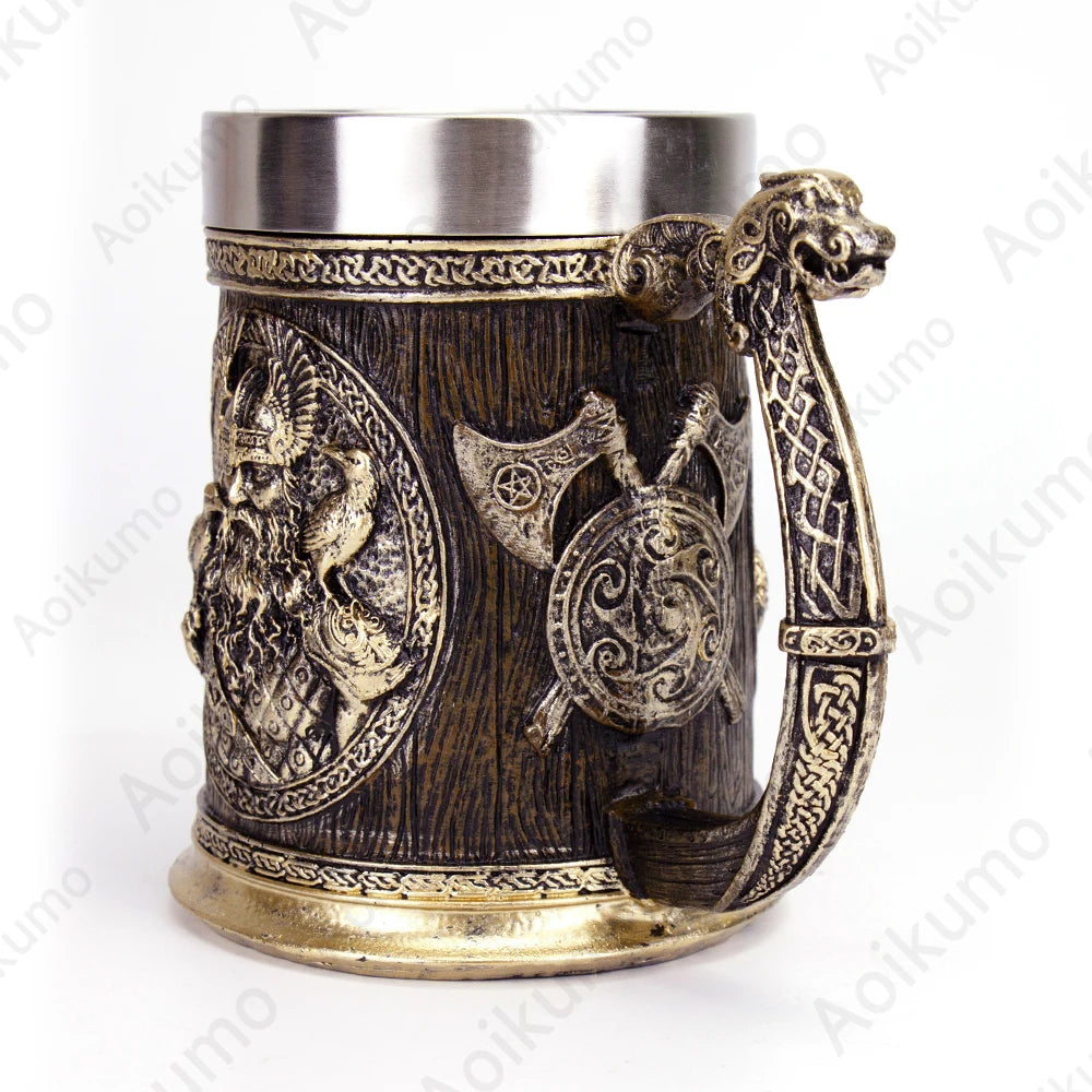 Norse Mythology Odin Thor Mug Tankard 304 Stainless Steel Resin 3D Retro Beer Stein Birthday God of War Lover Gift 600ml 20 oz