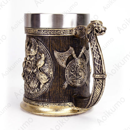 Norse Mythology Odin Thor Mug Tankard 304 Stainless Steel Resin 3D Retro Beer Stein Birthday God of War Lover Gift 600ml 20 oz