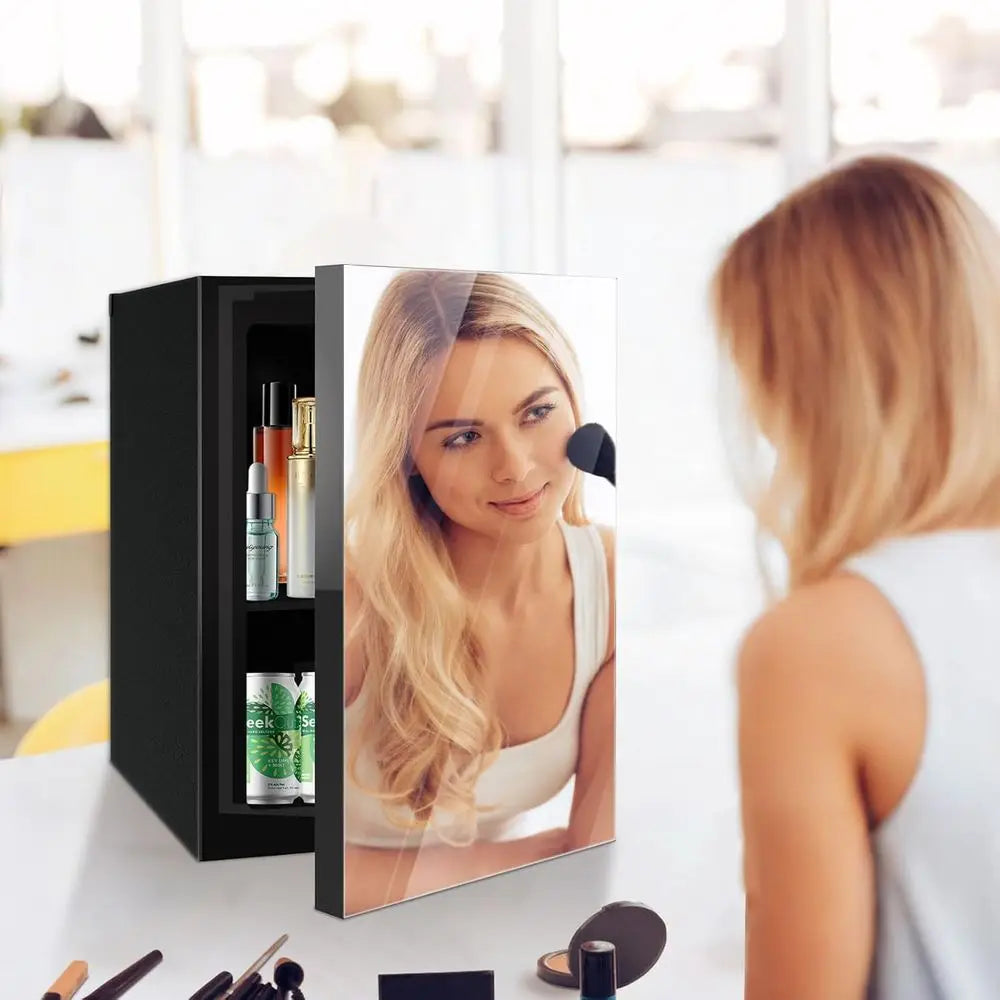 Compact 0.9 Cu.ft Mini Fridge with Adjustable Shelves & Mirror Door for Beverages and Cosmetics, Ideal for Countertop Use in Bed