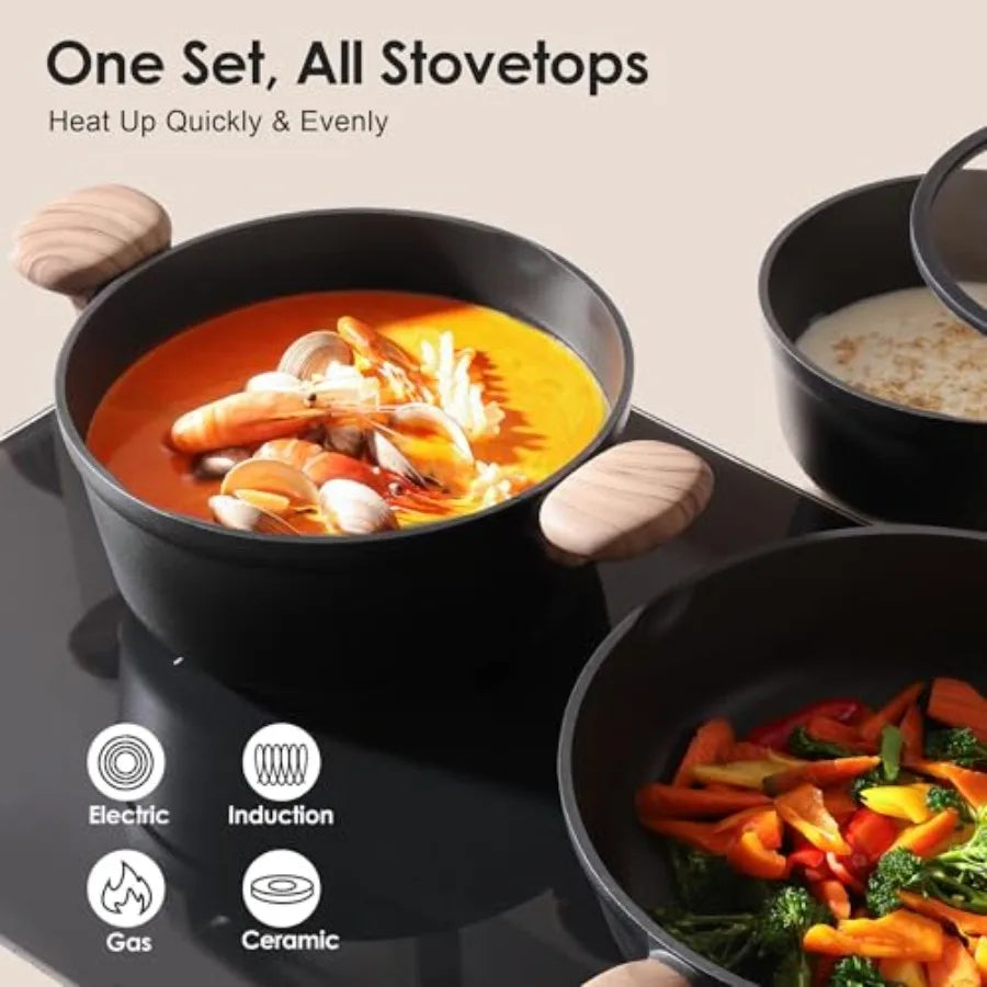 Nonstick Pots and Pans Set 17pcs Healthy Induction Cookware Set Kitchen Cooking Set with Skillets Saucepans Stay-cool Handles D