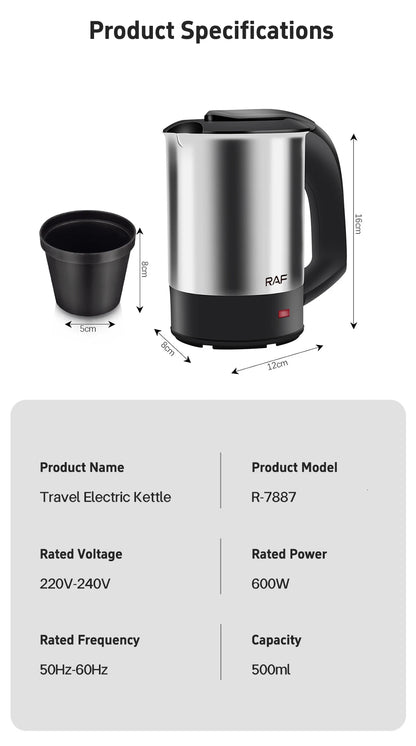Mini Electric Kettle Tea Coffee Stainless Steel 1000W Portable Travel Water Boiler Pot 0.5L For Hotel Family Trip