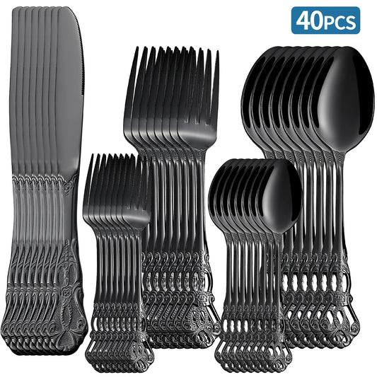 20-40pcs Black/Gold/Silver Dinnerware Set including Knife/Fork/Spoon for Home Restaurant Wedding Party Use