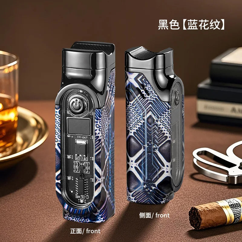 Smart 3 Flame Gas Cigar Lighter, Digital Display, with Cigar Drill, LED Light, Portable Multi-functional Ignition Lighter