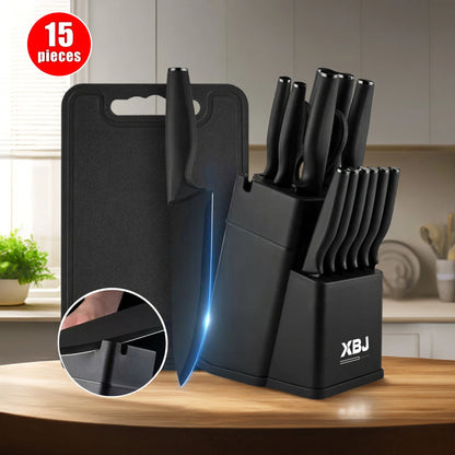 15 Pieces Kitchen Knife Set Stainless Steel Knife Slip Handle with Scissors Sharpener Cutting All-Round