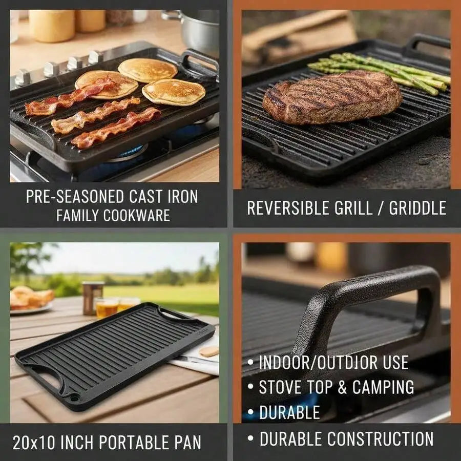 Pre-Seasoned Cast Iron Cooking Plate 20x10 Inch For Gas Stove Top, Camping BBQ, Indoor Kitchen, Double Sided Design Rectangular