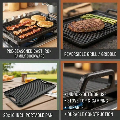 Pre-Seasoned Cast Iron Cooking Plate 20x10 Inch For Gas Stove Top, Camping BBQ, Indoor Kitchen, Double Sided Design Rectangular
