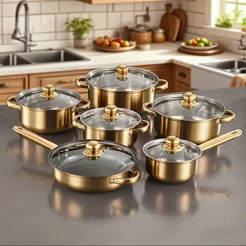 13pcs Tri-Ply Stainless Steel Cookware Set with Lids, Pots And Pans Kitchen Set, Induction-Ready, Pots And Pans Set, Induction