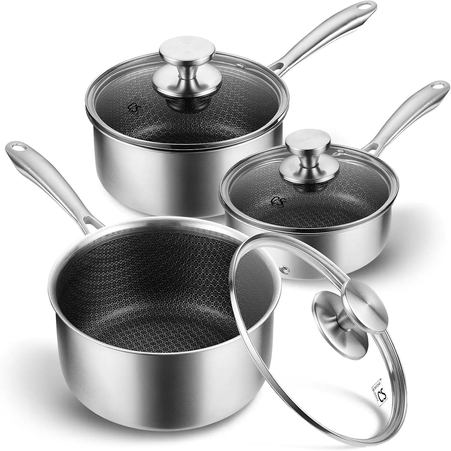 KOCH SYSTEME CS Hybrid Nonstick Stainless Steel Saucepan, 1+2+3 Quart Tri-Ply Stainless Steel Sauce Pan, Sauce Pan Set