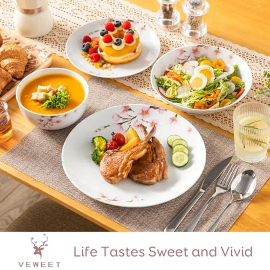 Dinnerware Set for 6 24 Pieces Porcelain Plates and Bowls with Pink Floral Design Microwave and Dishwasher Safe Classic Dining
