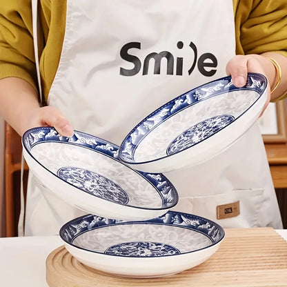6pcs Elegant Blue And White Ceramic Dinnerware Set, Large Round Plates with Floral Design, Microwave And Dishwasher Safe, Suitab