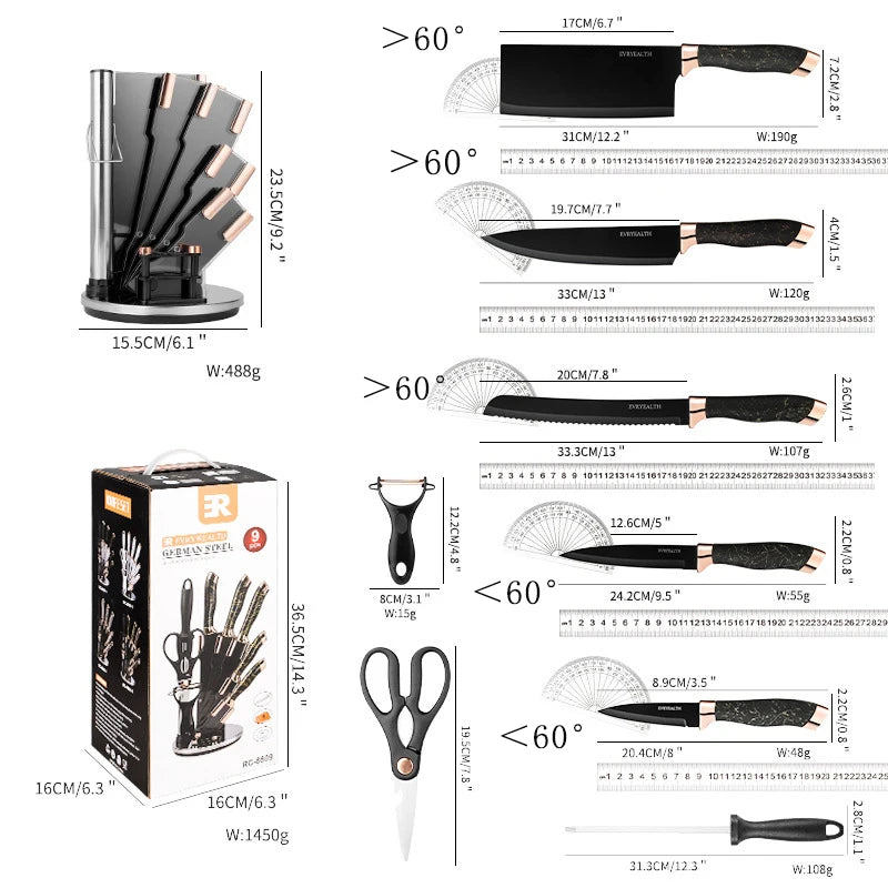 Kitchen Knife 9pcs Acrylic Knife Holder Stainless Steel Slicing Knife Bread Knife Fruit Knife Chef Knife