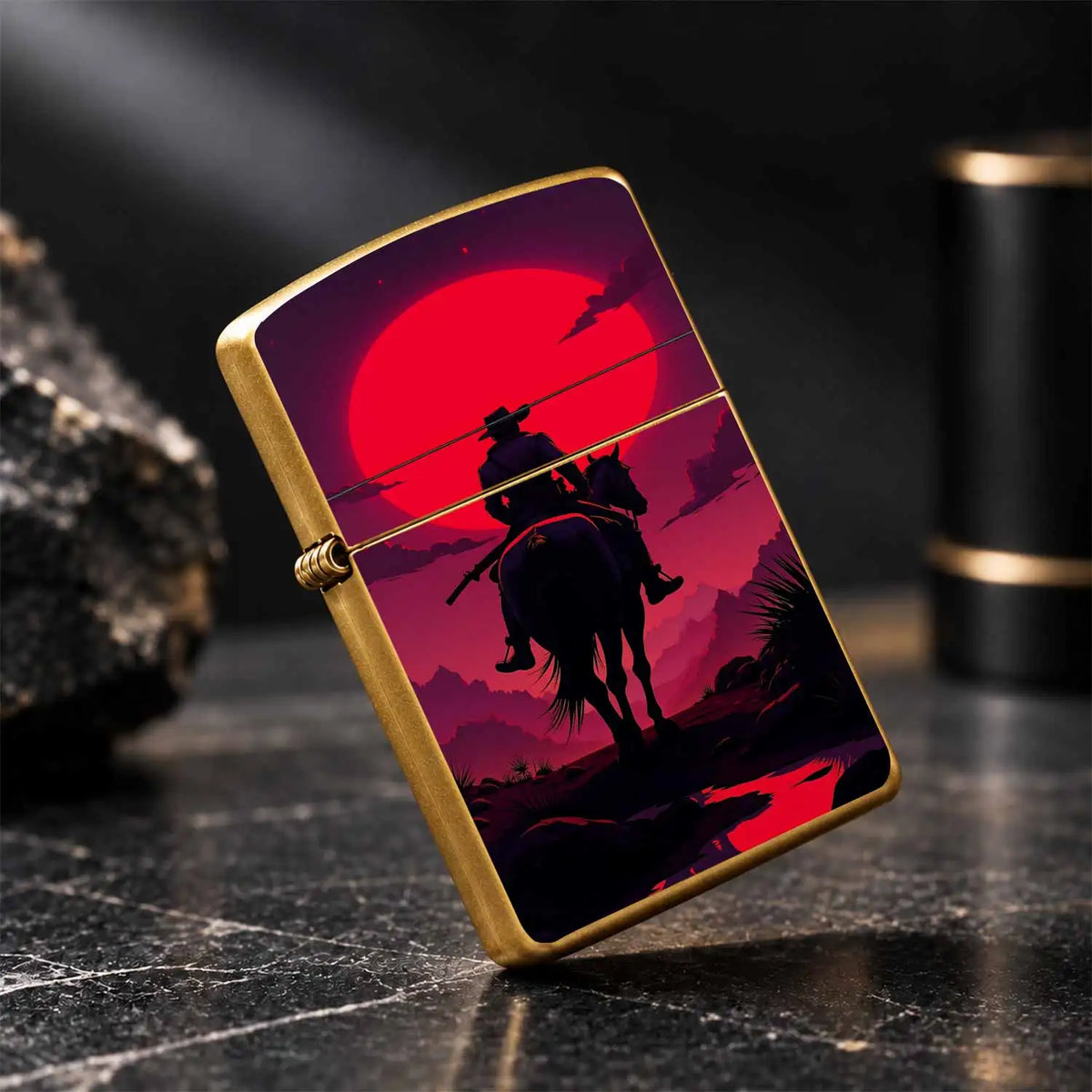 Western Cowboy Rider Horse Silhouette Lighter, Red Sunset Desert Retro Aesthetic Art Pattern Portable Lighter, Ideal For Daily Outdoor Travel Camping, Exquisite Unique Gift For Men And Women, Decorative Practical Access A Hum