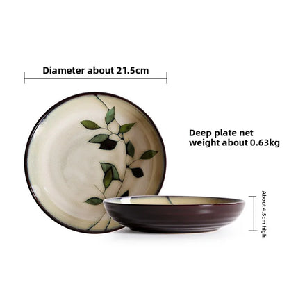 Bamboo Leaf Ceramic Tableware Set Japanese Rice Bowl Large Soup Noodle Bowl Retro Underglaze Hand Painted