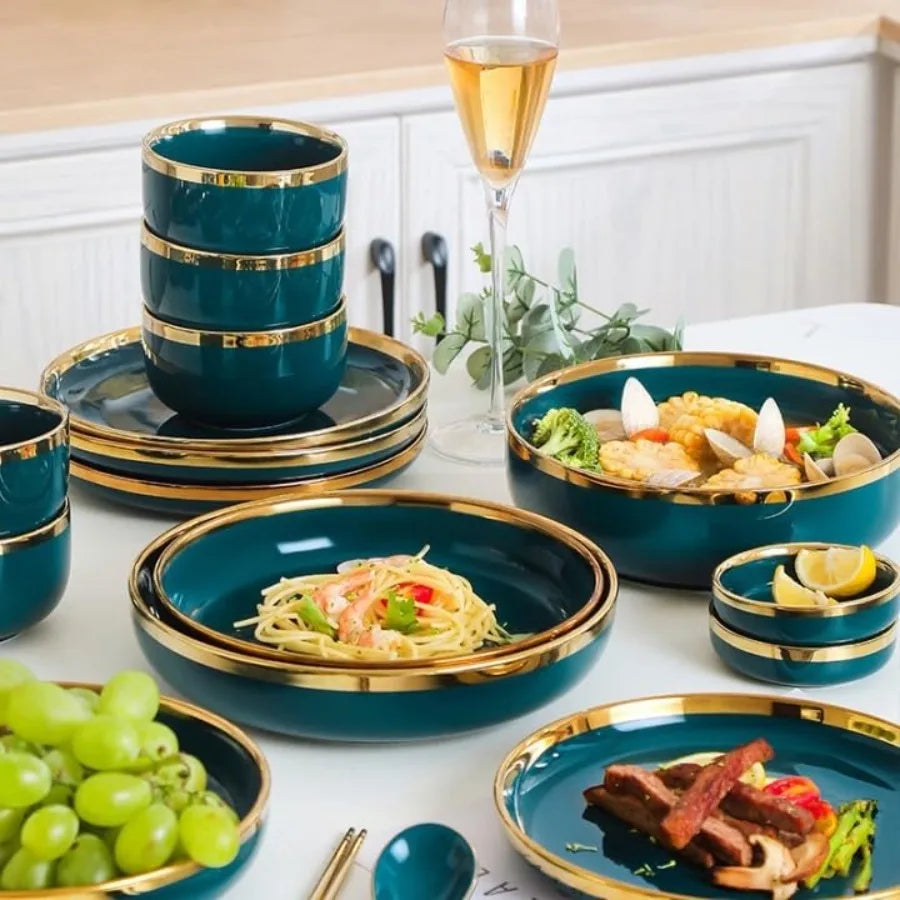 18-Piece Ceramic Dinner Set for 4 People Elegant Green Tableware with Rice Bowls Spoons Soup Bowl Deep Shallow Plates and Sauce